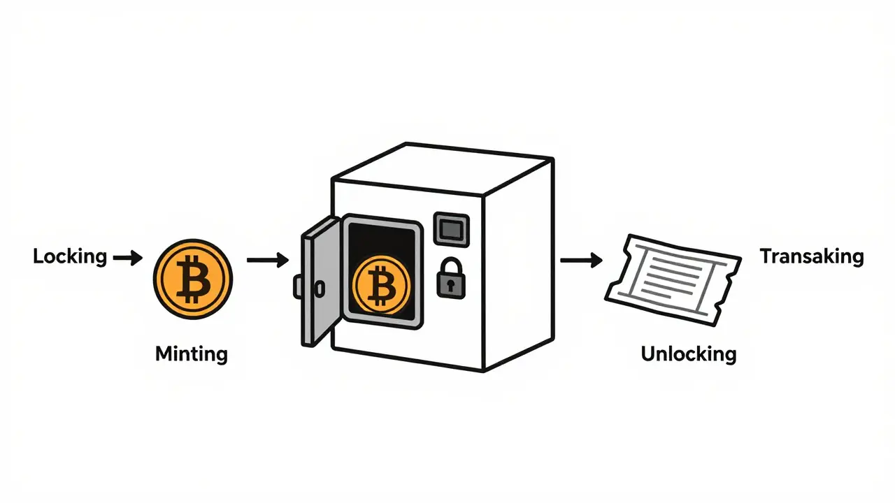 Minimalist graphic showing Bitcoin locking and synthetic token minting process