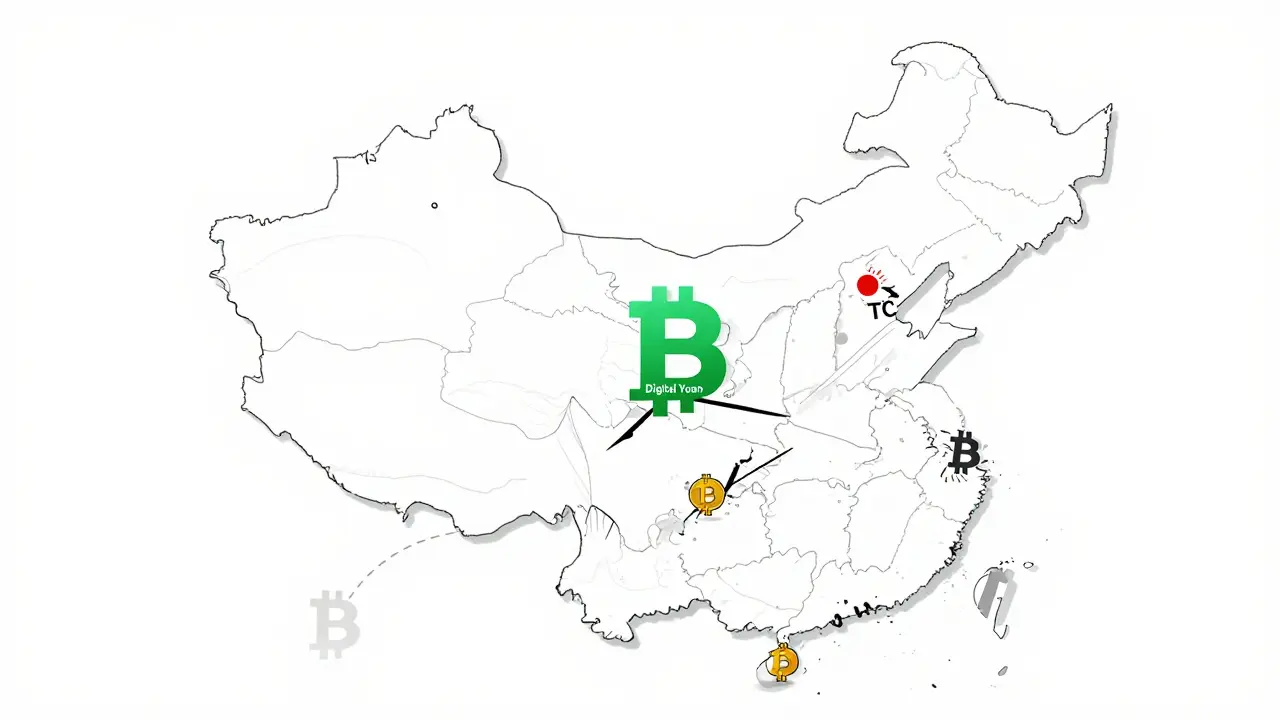 Minimalist map showing China's digital yuan vs underground crypto