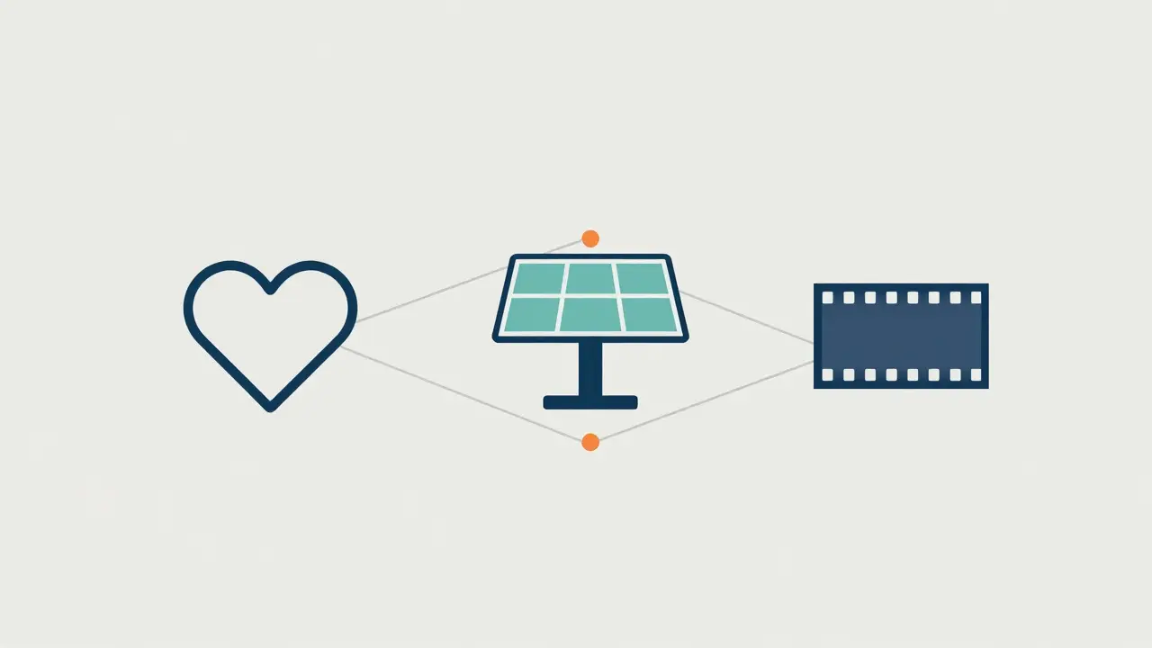 Network connecting healthcare, energy, and media icons