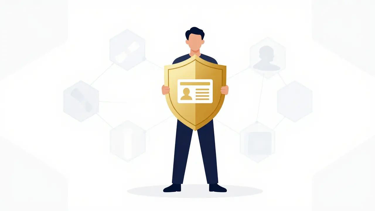 Person holding digital wallet shield protecting private credentials in minimalist art