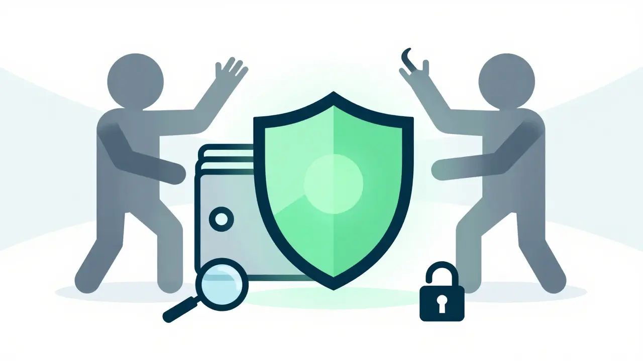 Shield protecting a digital wallet from shadowy scammer figures.