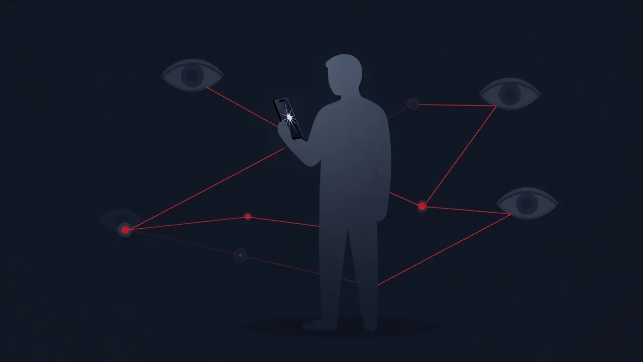Silhouette under surveillance network lines