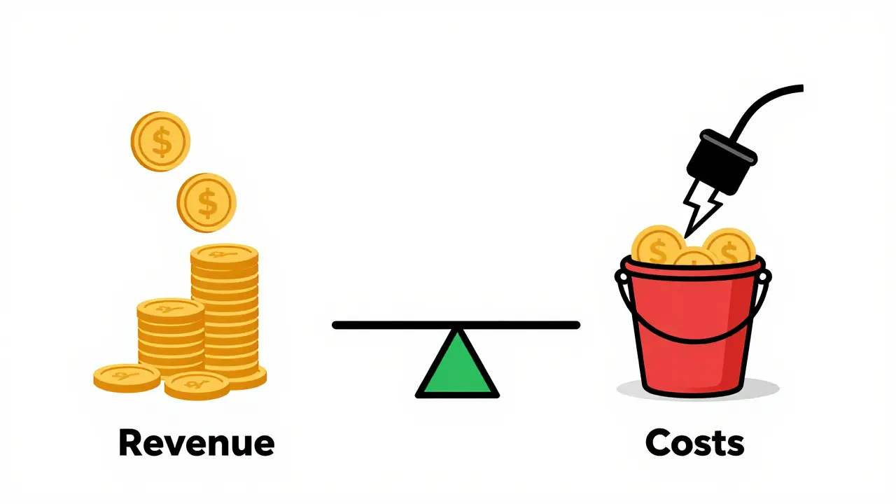 Simple illustration comparing mining revenue against electricity costs for profitability.