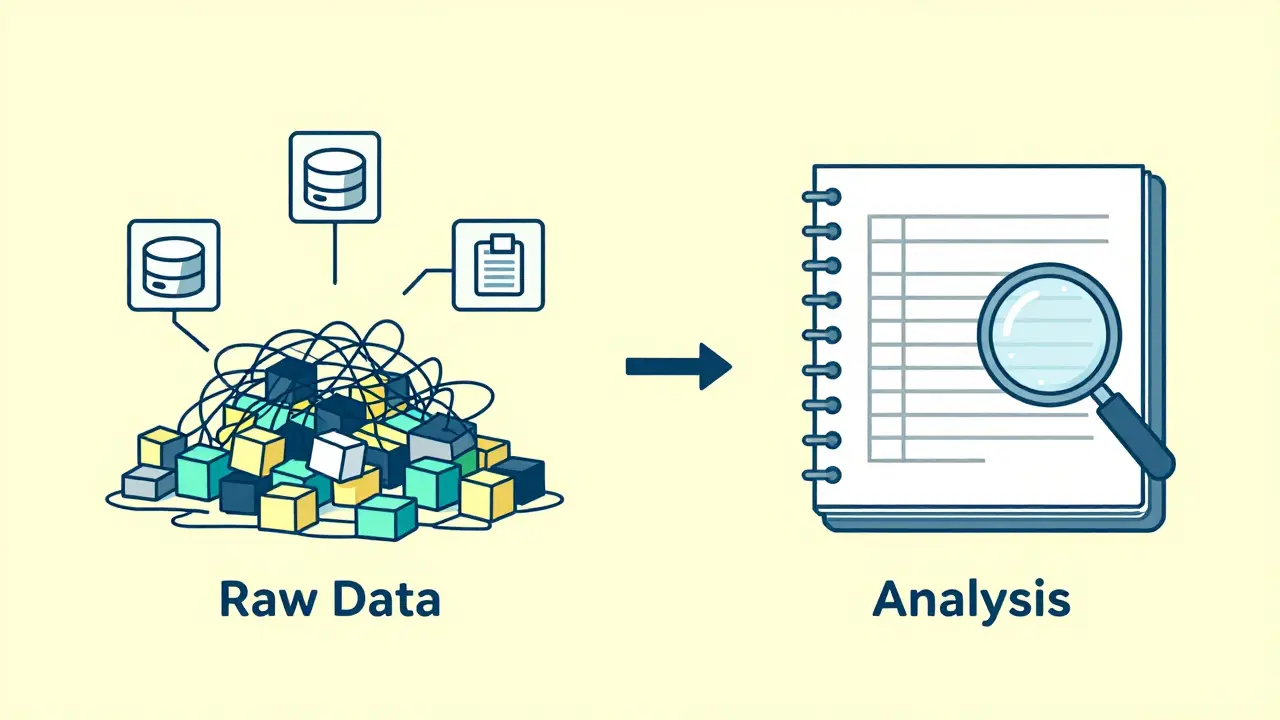 Split view of raw chaotic data transforming into structured analysis