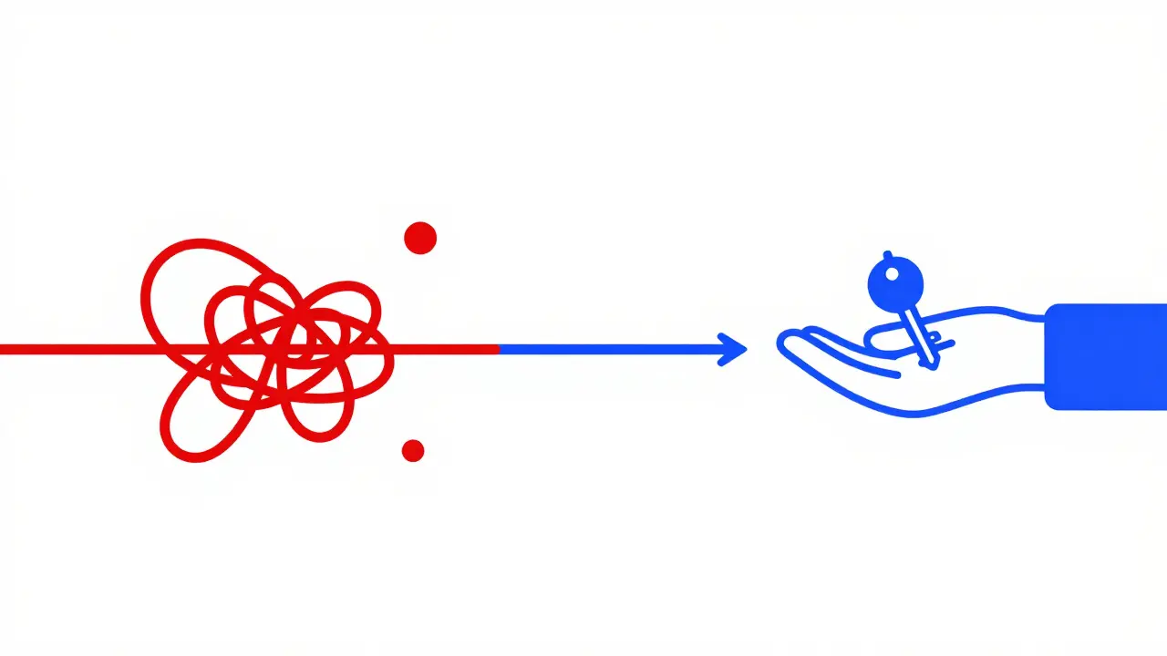 Tangled red strings vs straight blue line showing withdrawal delays