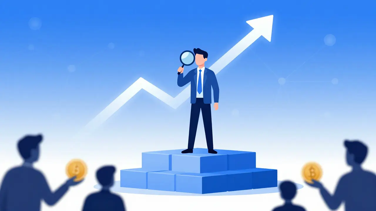 Trader ignoring scams while verifying assets on a blockchain platform