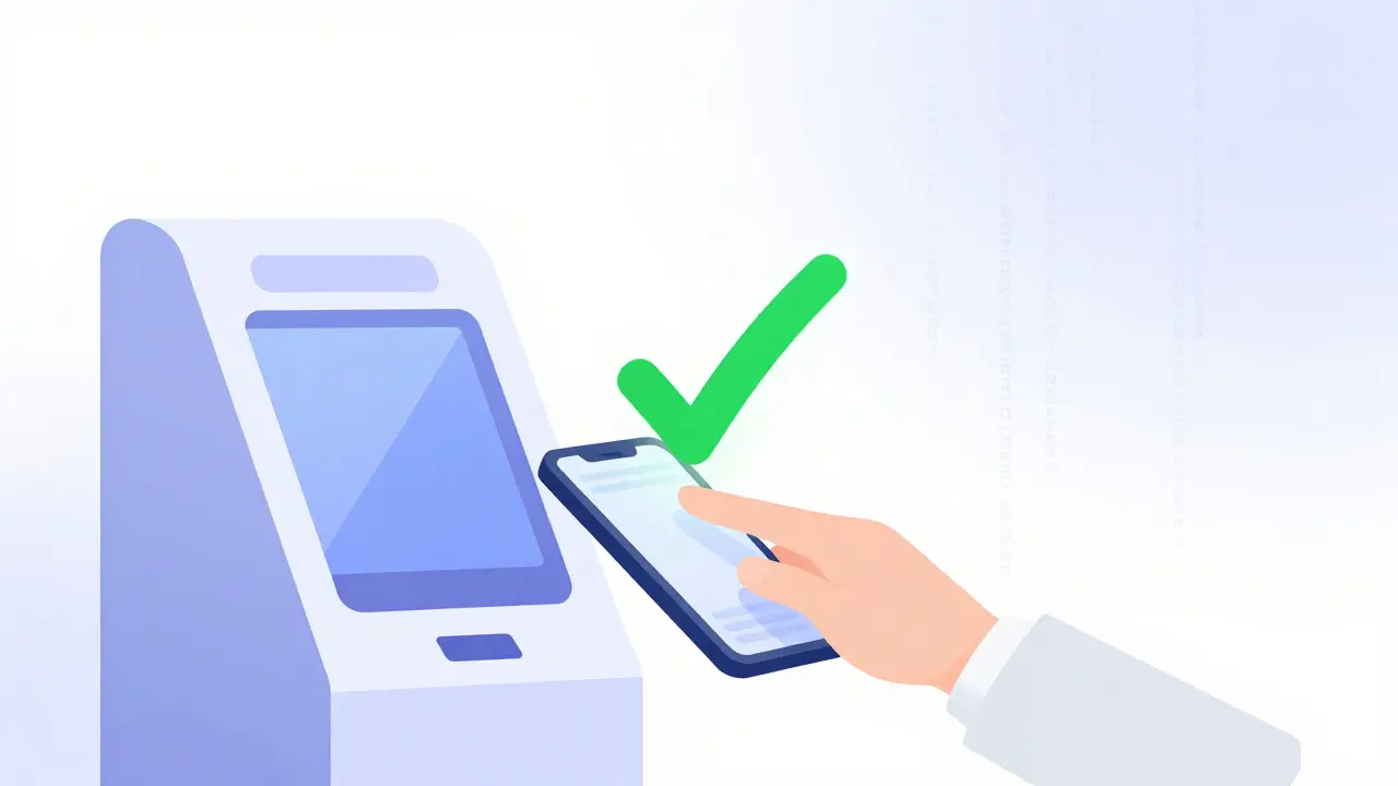 User tapping phone for instant identity verification with glowing green checkmark