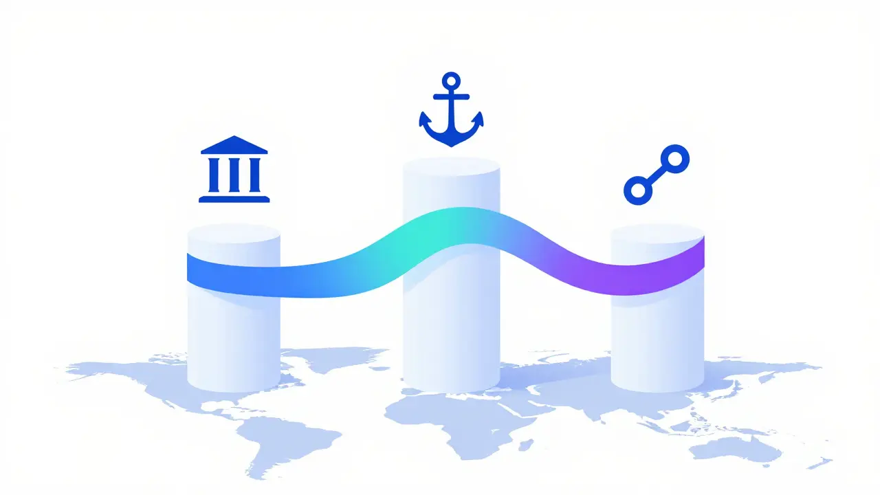 Vector illustration of three digital payment pillars coexisting on a global map.