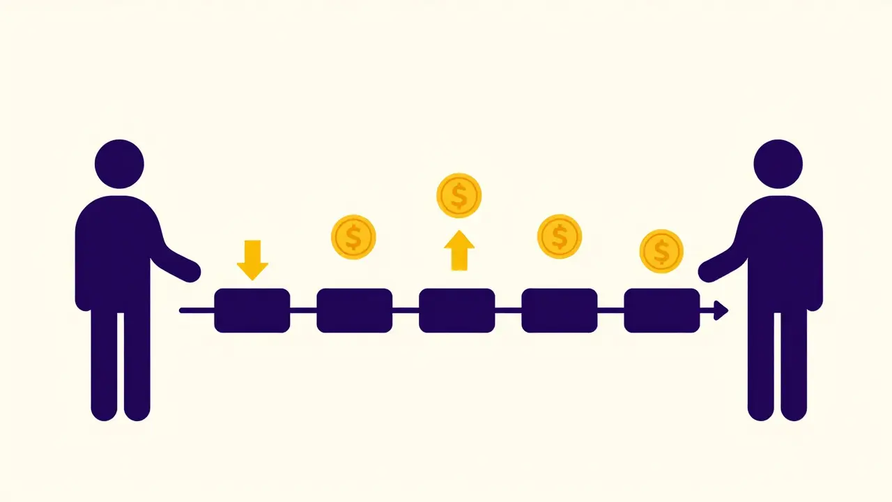 Abstract illustration of automated royalty payments flowing between parties via smart contracts.