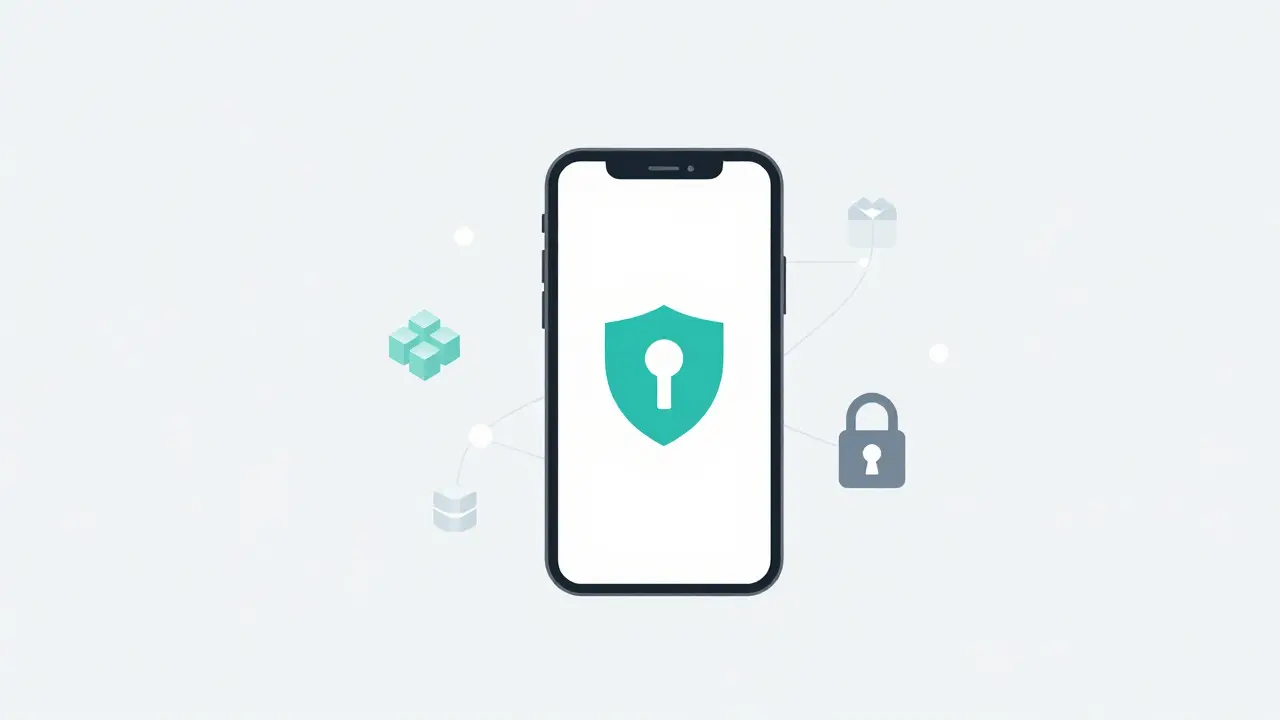 Abstract minimalist graphic of secure digital wallet and blockchain infrastructure