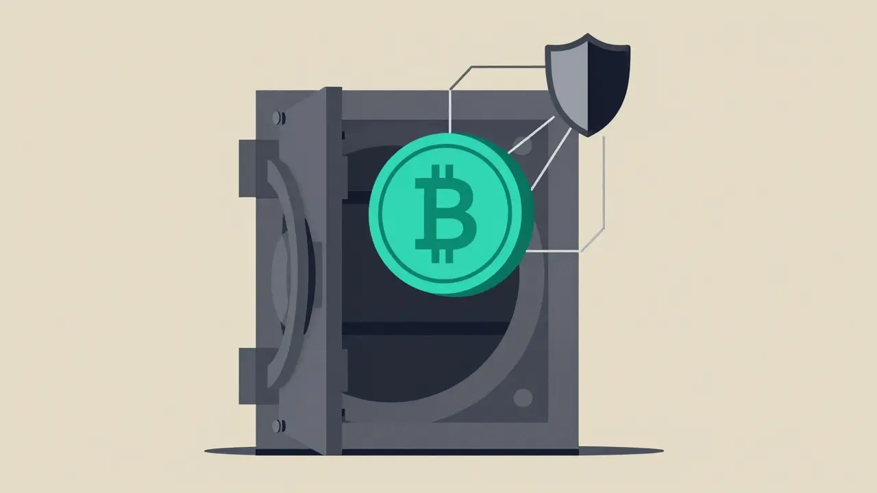 Abstract teal coin over a vault symbolizing stablecoin security