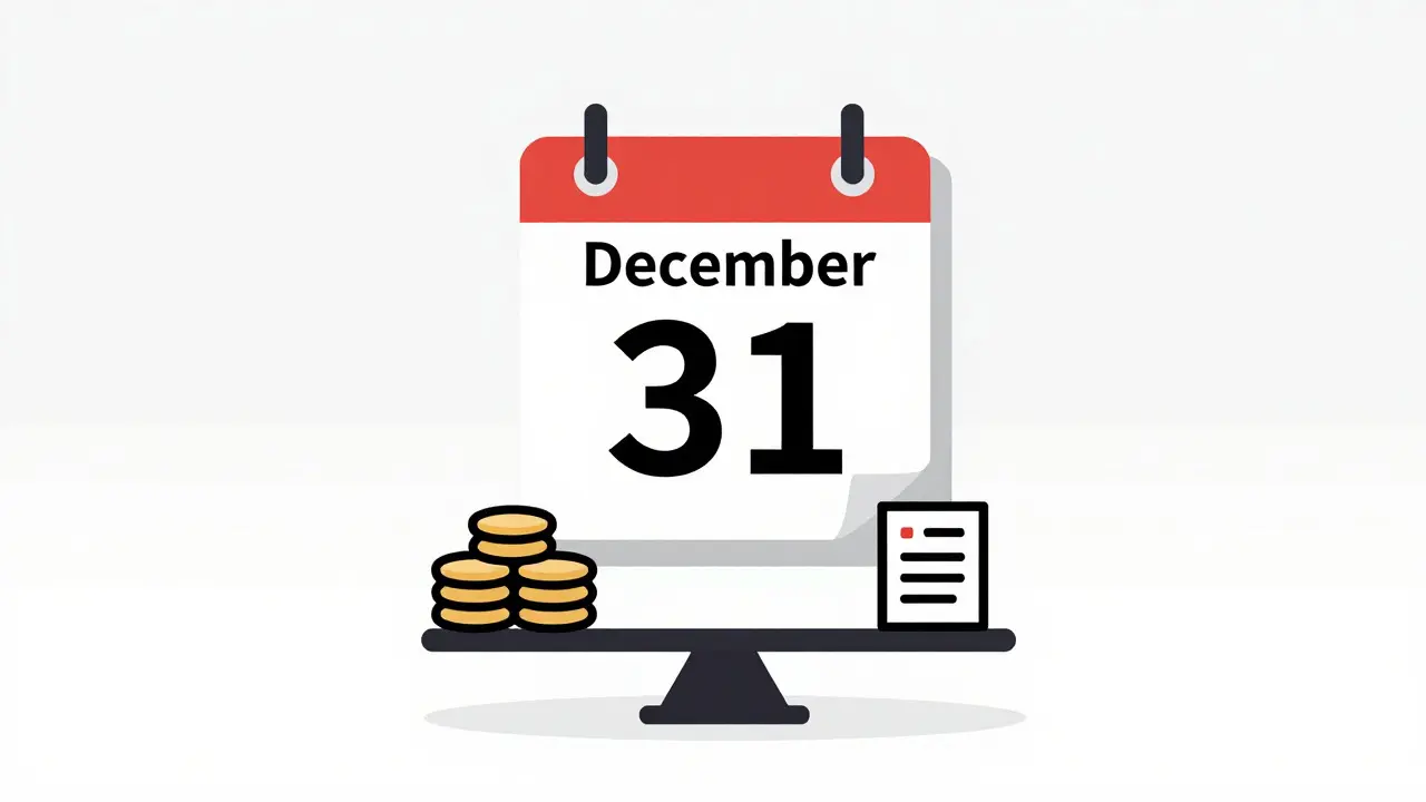 Calendar Dec 31 with scale weighing crypto coins and tax doc
