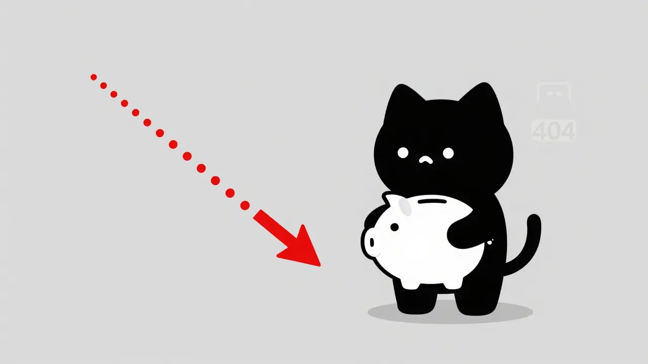 Cat with empty piggy bank and downward arrow indicating loss