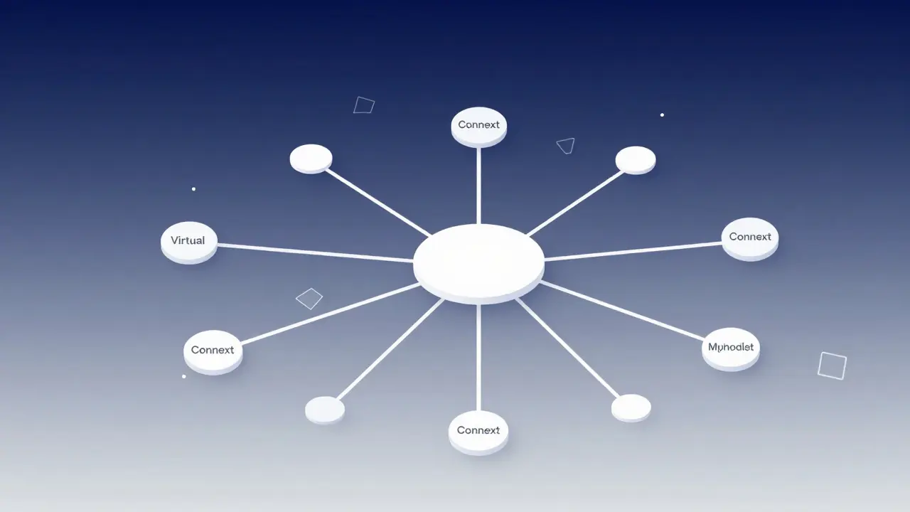 Central hub radiating clean lines to outer nodes, symbolizing efficient virtual channel routing.