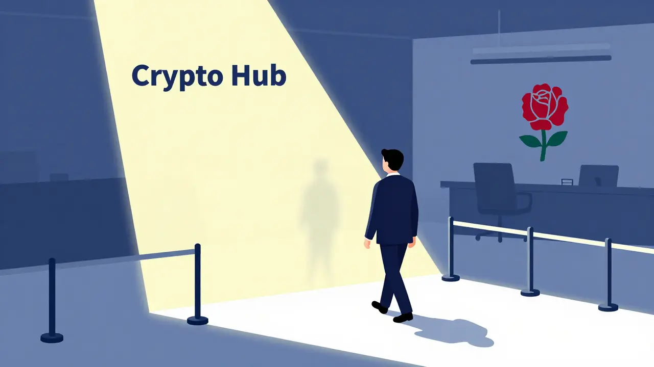 Conceptual art depicting a shift from aggressive crypto marketing to cautious, regulated oversight.