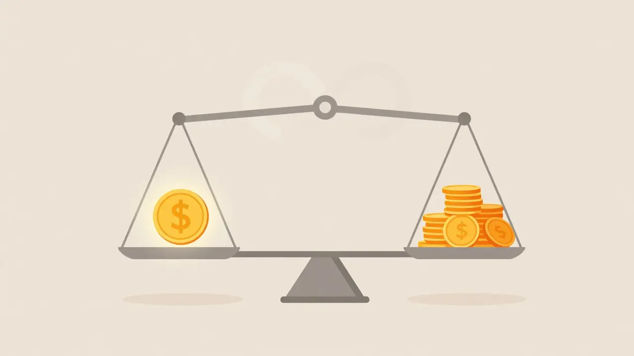 Conceptual scale balancing capital coins against reward tokens with an infinity symbol