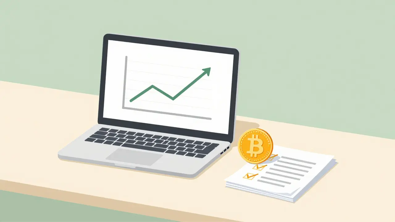 Desk with Bitcoin, documents, and laptop showing trends