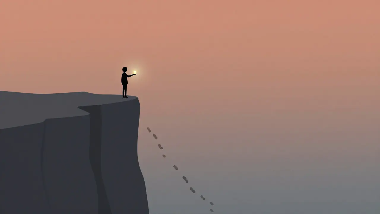 Figure overlooking a steep downward path