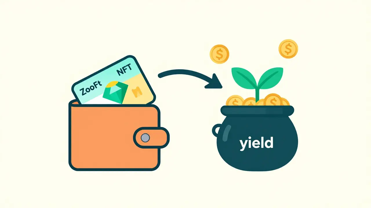 Flat design showing an NFT boosting yield farming rewards in a vault.