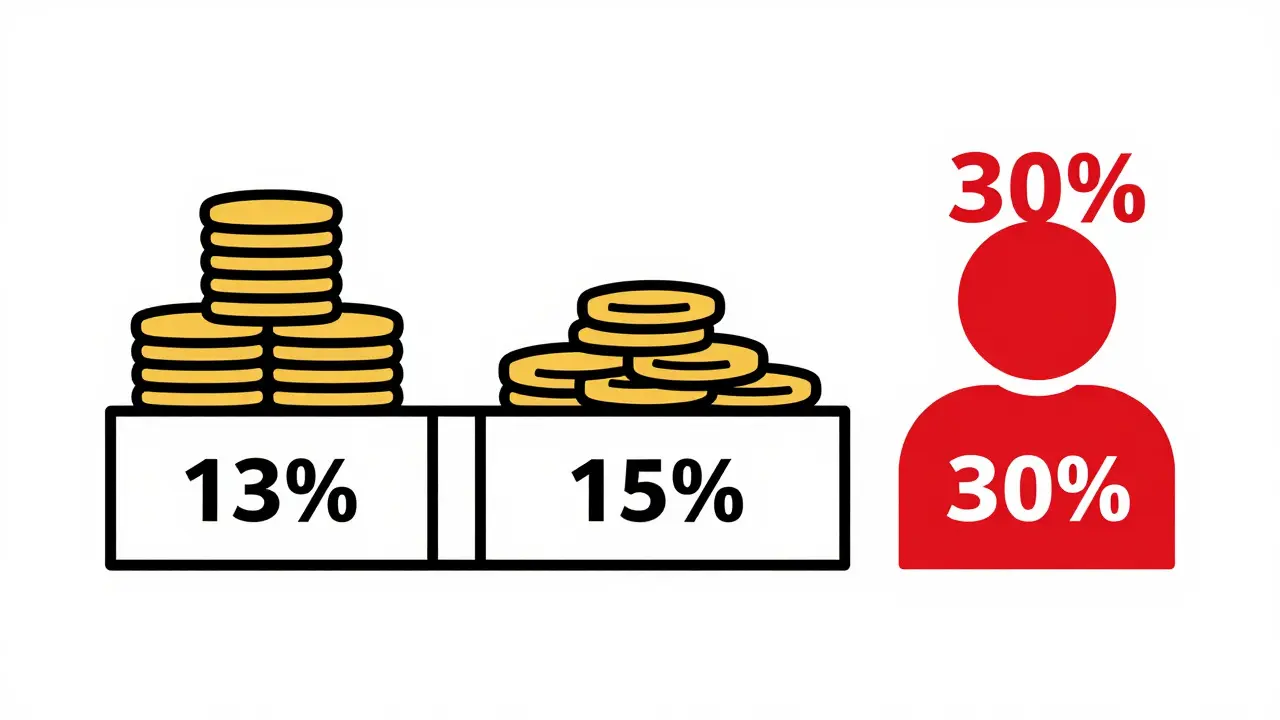 Flat icons showing 13%, 15%, and 30% tax rates