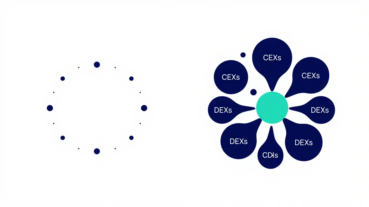 Geometric comparison showing combined CEX and DEX liquidity versus isolated DEX pools.