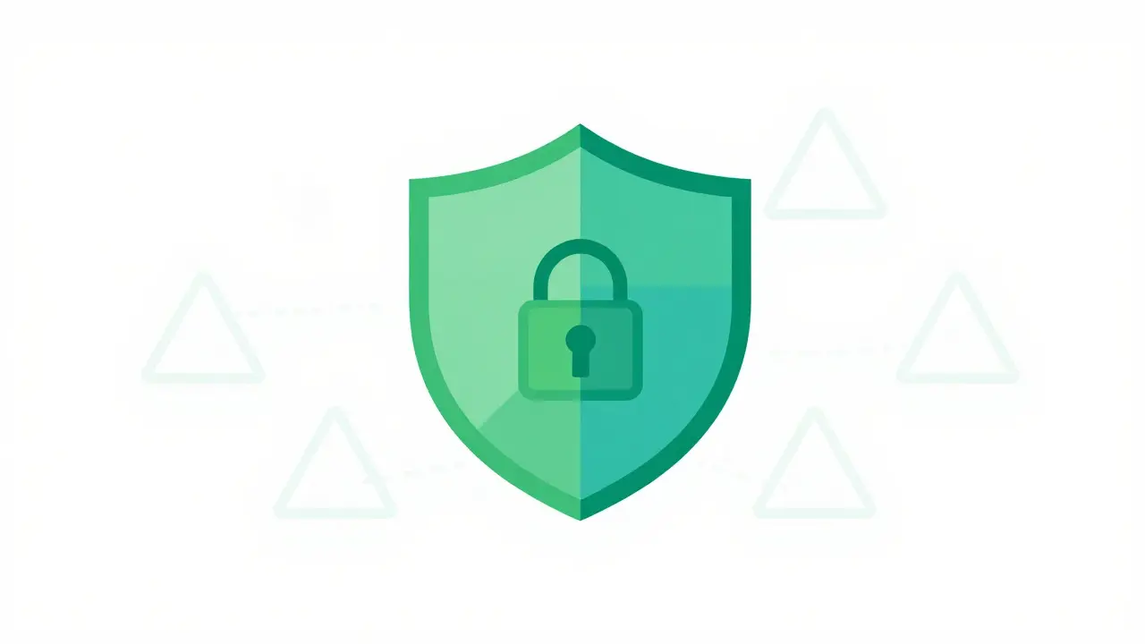 Geometric shield with a lock icon symbolizing crypto security and scam prevention