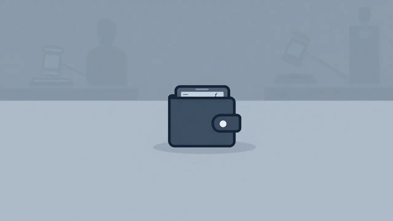 Isolated cracked wallet icon with looming regulatory shadows