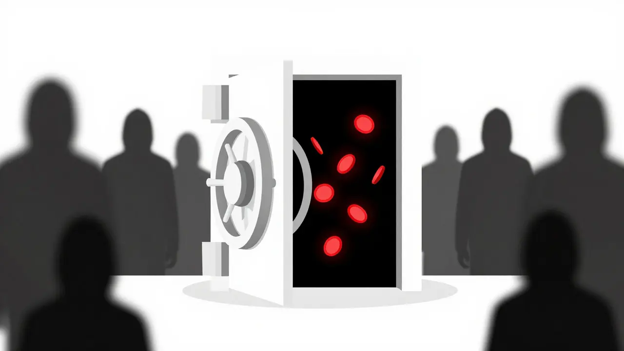 Minimalist art of a vault leaking digital coins, symbolizing a hack