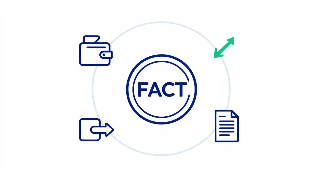 Minimalist FACT token icon surrounded by wallet and audit symbols