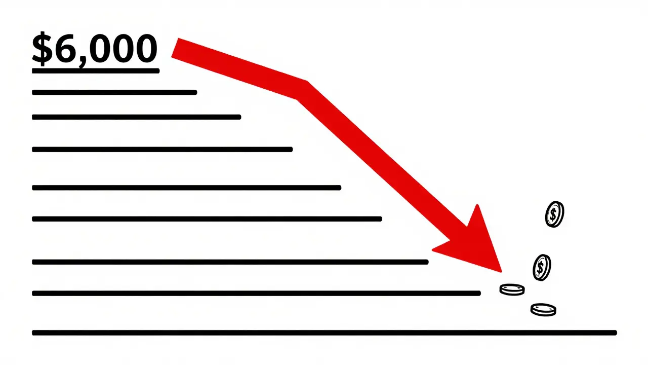 Red arrow plunging down through price lines with falling coins
