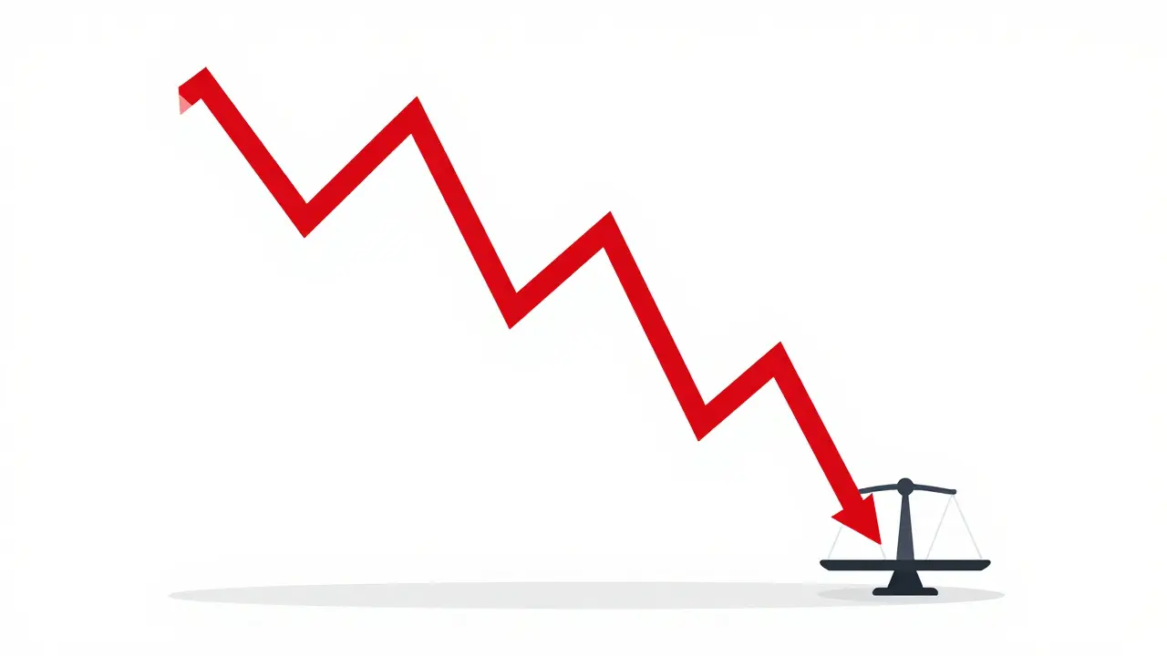 Red downward trend line and tipping scale showing market risk