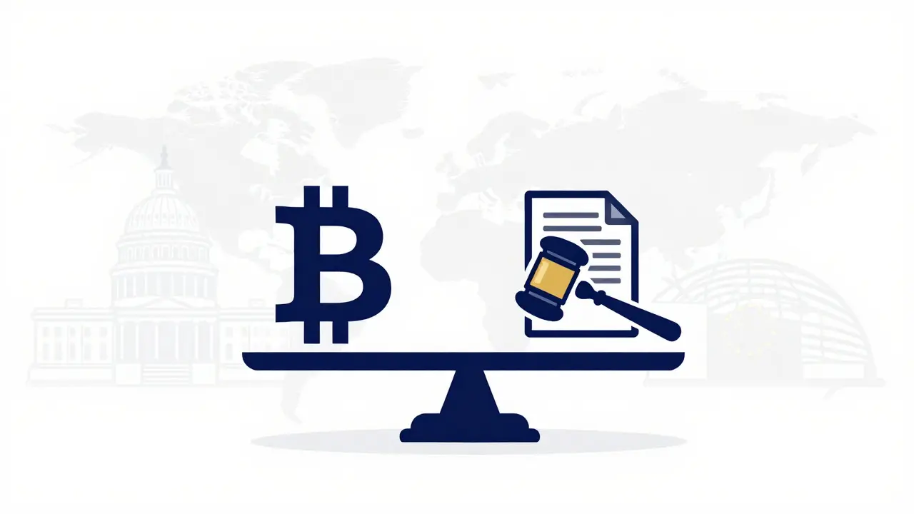 Scale balancing Bitcoin symbol against legal gavel