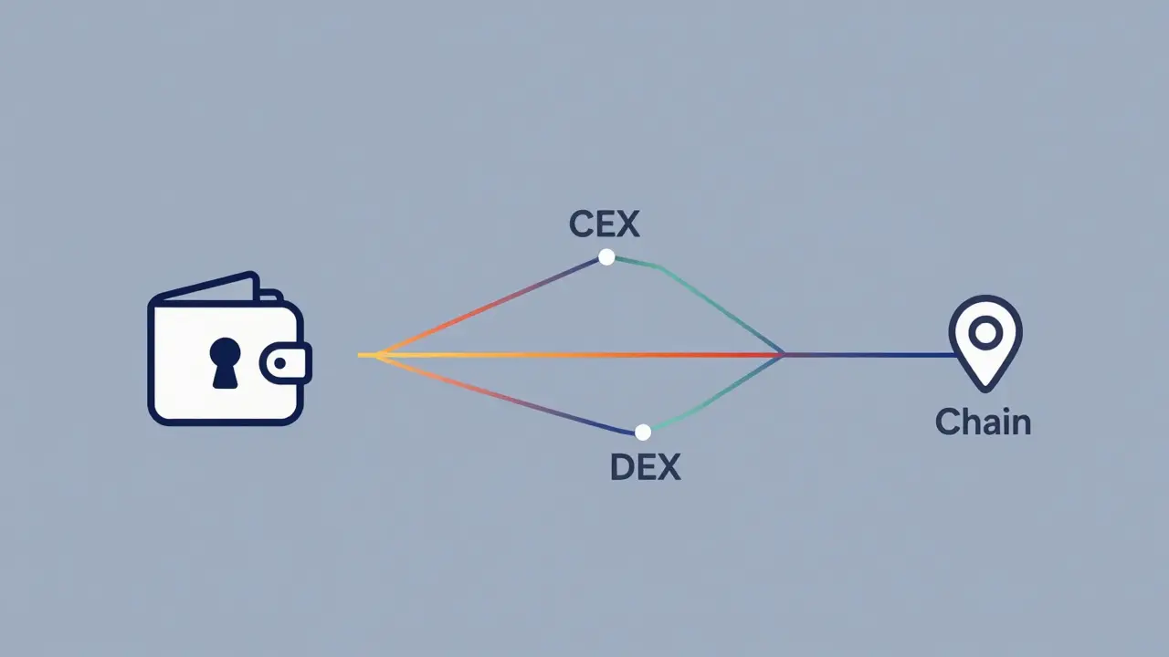 Schematic of a wallet connecting to multiple exchange nodes via streamlined data paths.