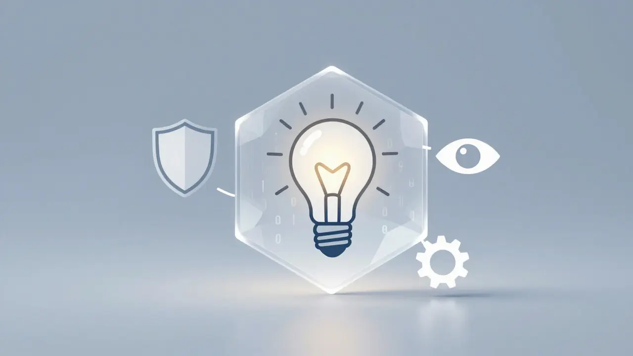 Simple graphic showing an invention protected inside a secure, transparent blockchain node.
