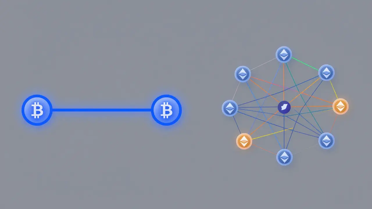Split view showing a direct blue connection versus a complex multi-colored network web.