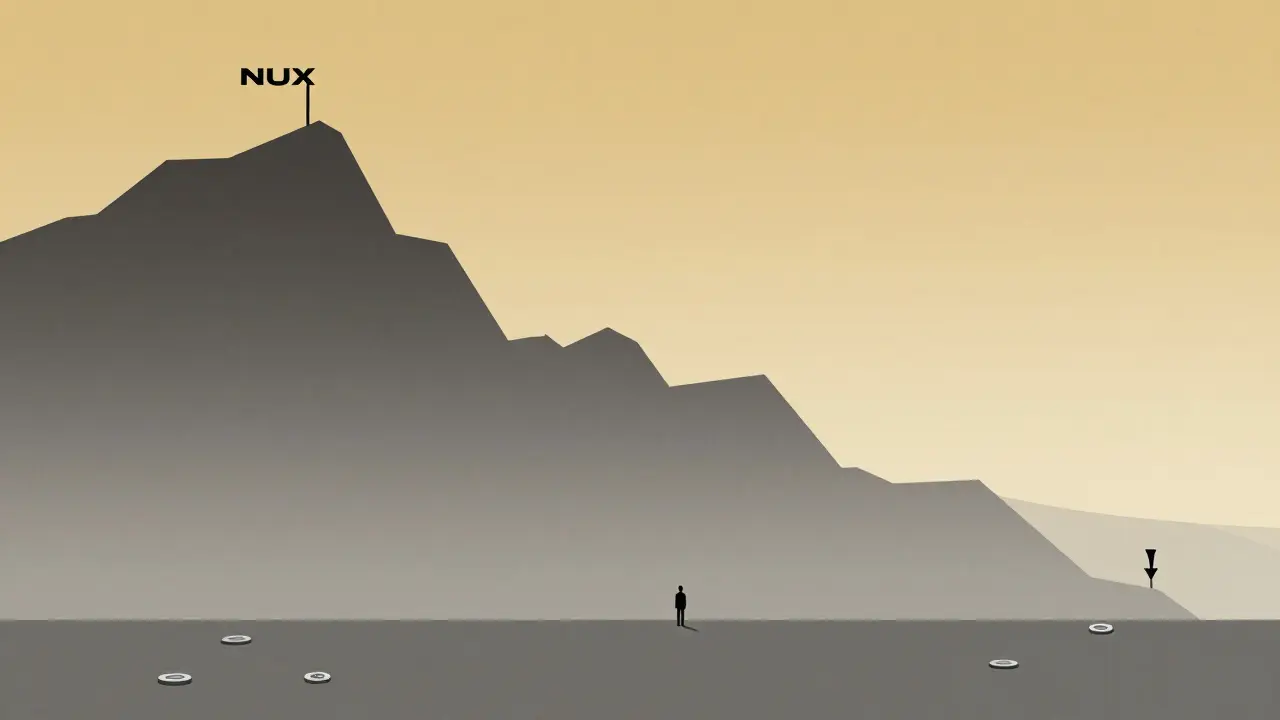 Steep mountain peak fading to flat plain showing price decline
