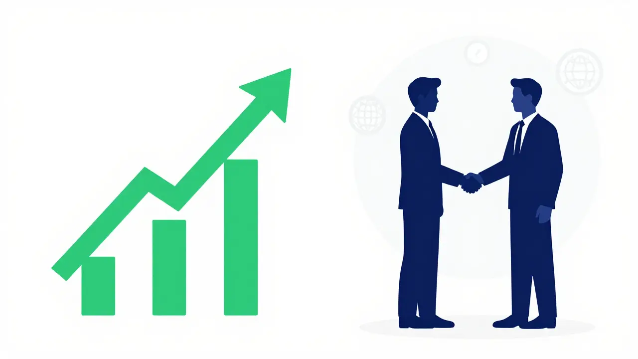 Upward trend arrow and handshake illustrating institutional growth