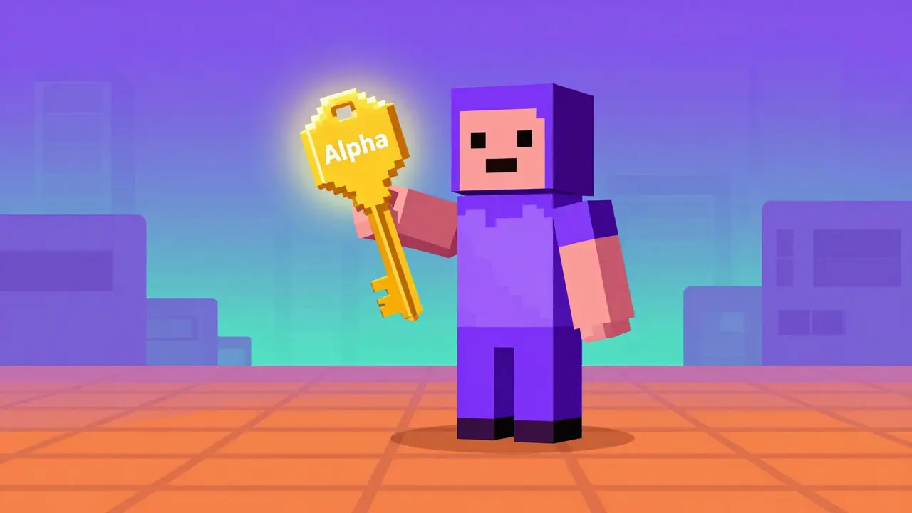 Voxel character holding a golden key in a minimalist virtual world