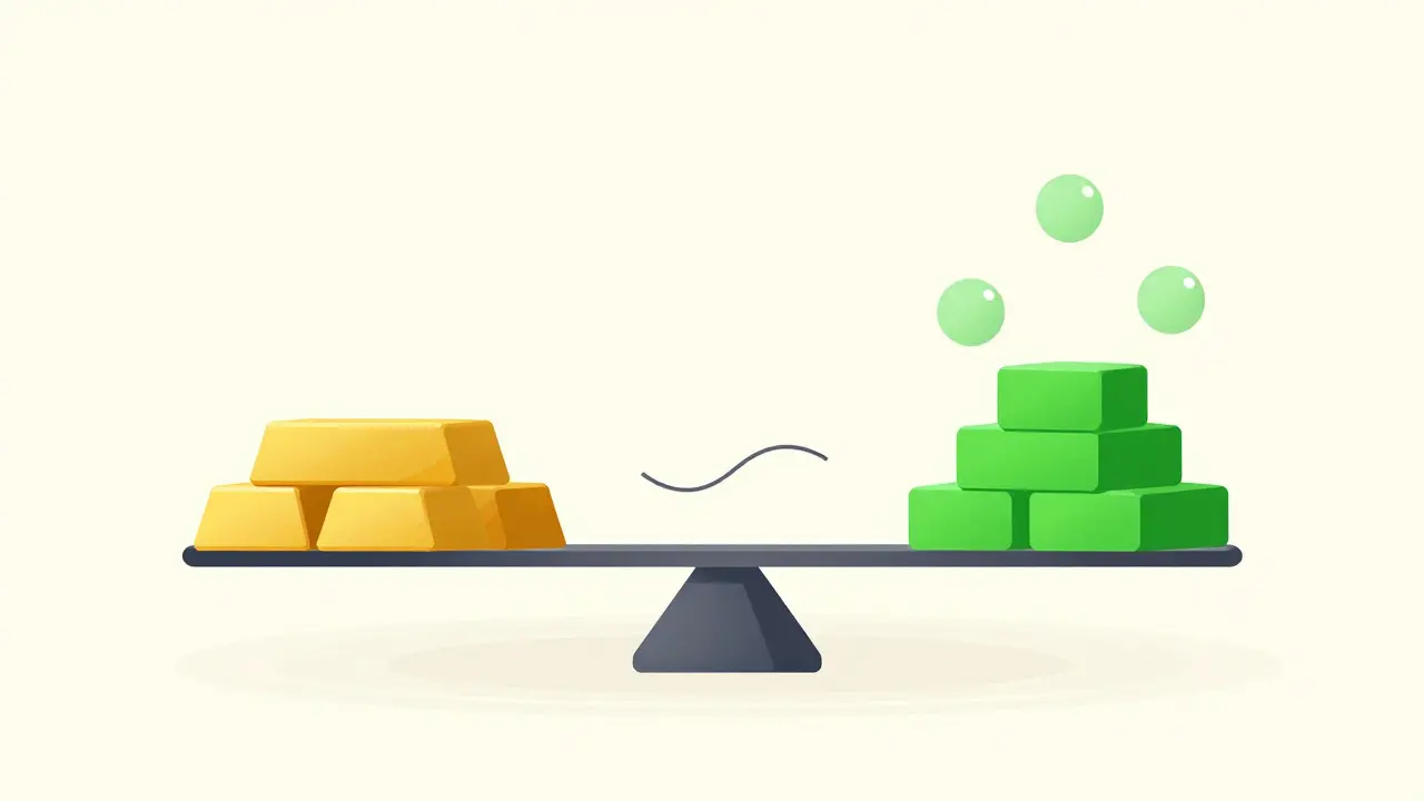 A balance scale comparing a gold bar against a pile of green bricks