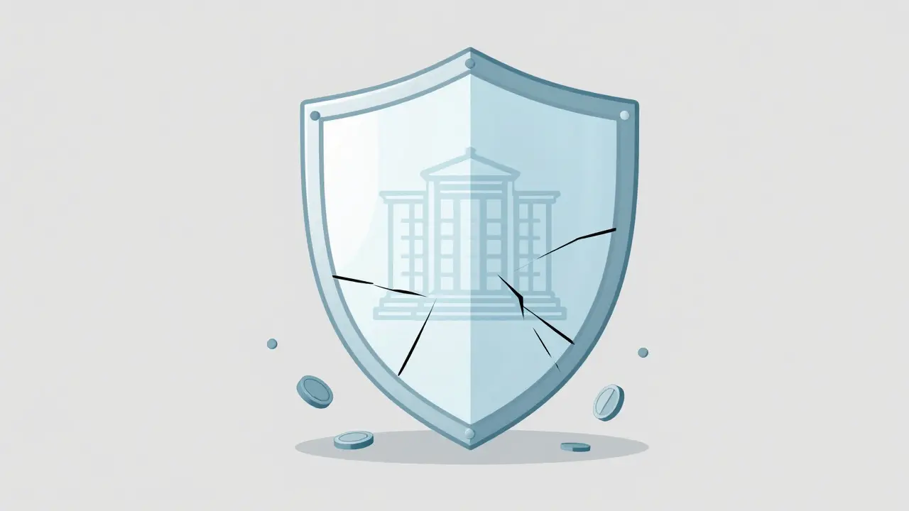 A cracked glass shield containing a faint government seal, symbolizing regulatory gaps