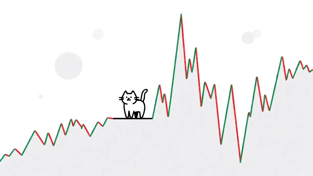 A small cartoon cat standing on a volatile stock market line graph.