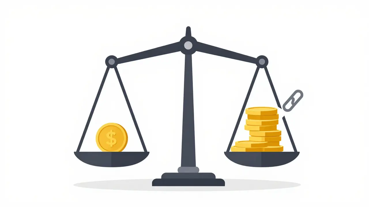 A tilted balance scale comparing a single coin against a heavy stack with a broken link