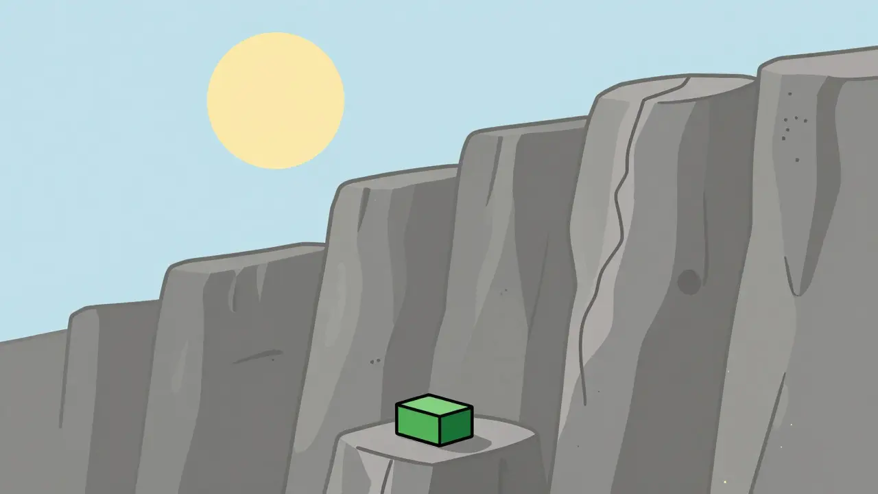 A tiny green brick at the base of a tall stone cliff under a large sun