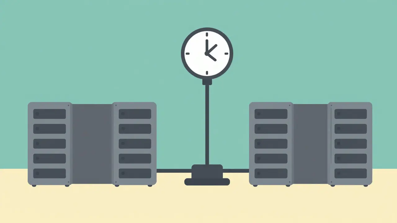 Abstract depiction of mining rigs connected to a central pool with a broken clock