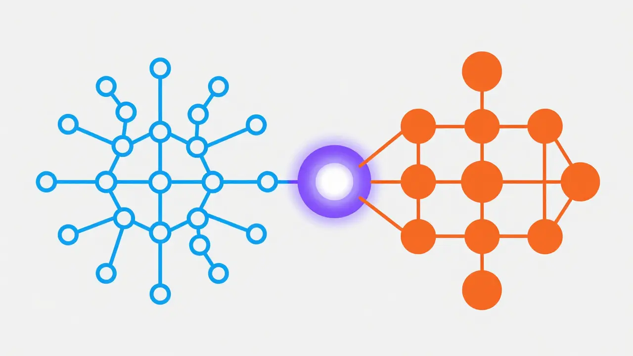 Abstract graphic showing the integration of neural networks and knowledge graphs into a unified AI core