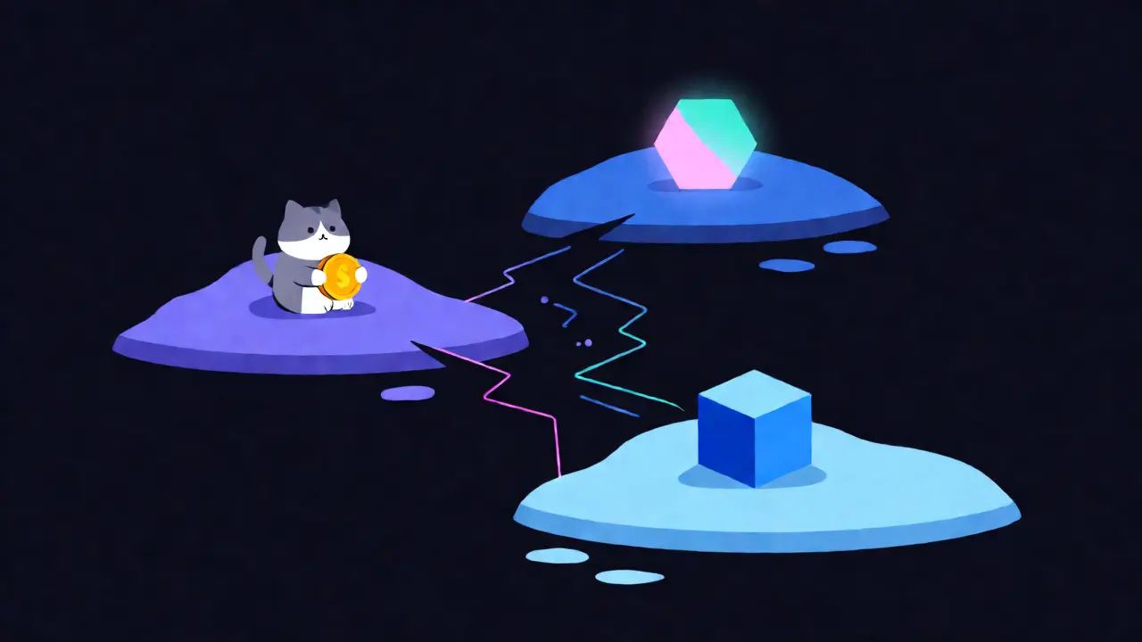 Abstract illustration showing fragmented blockchain islands with a small cat token.