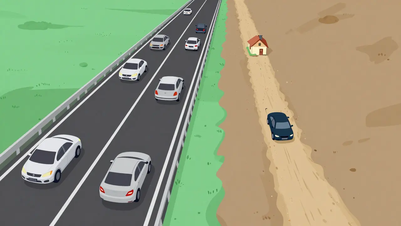 Comparison of busy highway vs narrow path in flat illustration