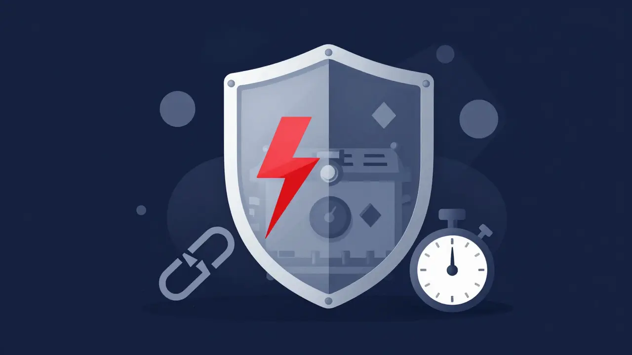 Conceptual illustration of a shield protecting assets amidst a lightning strike and broken links