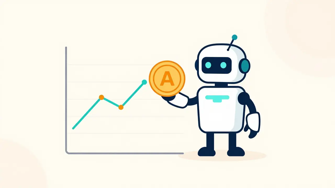 Flat design robot holding crypto token near rising chart line