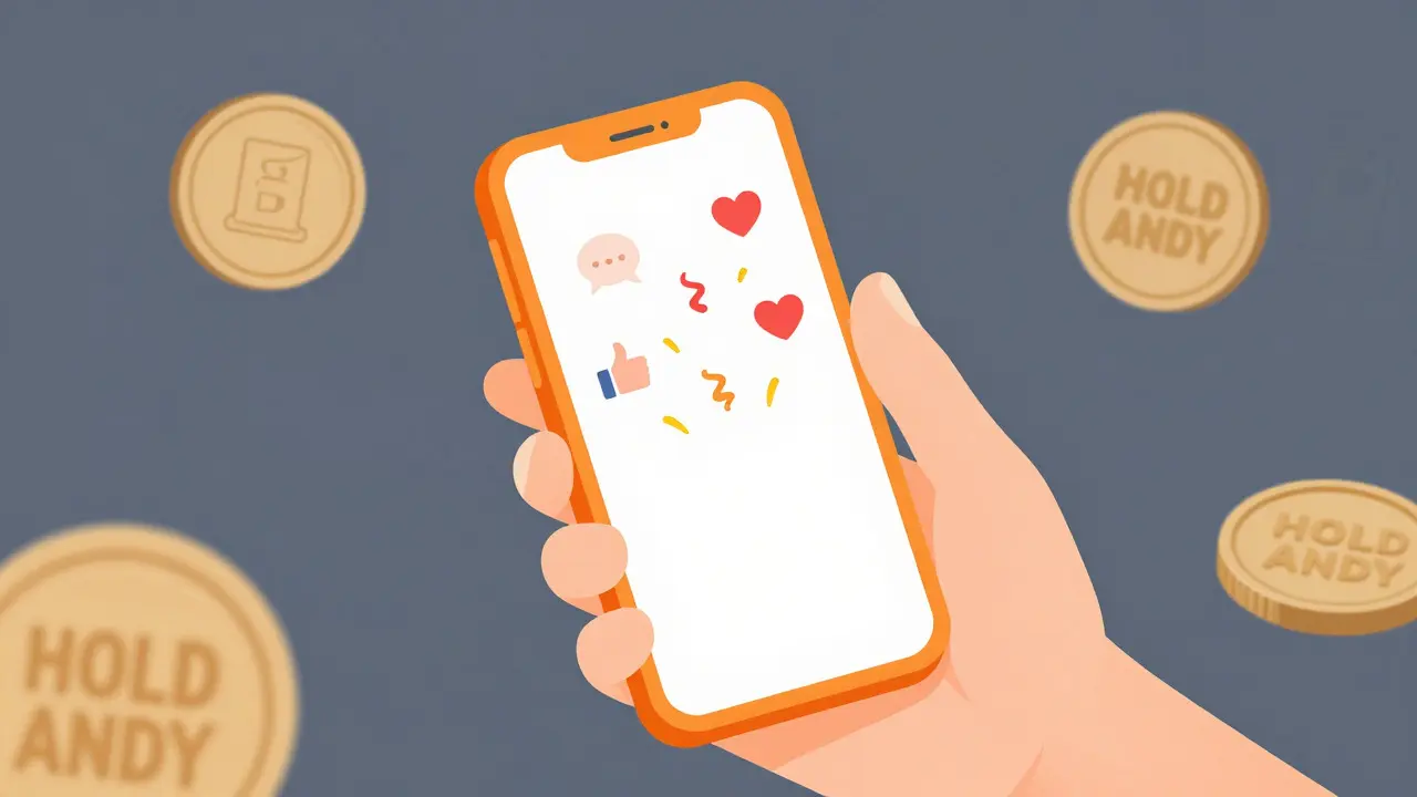 Hand holding phone with social media icons bursting out, symbolizing community hype.